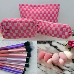 Makeup Sponge and Brush Set w/ Pink Checkered 3 pack pouches Bundle
